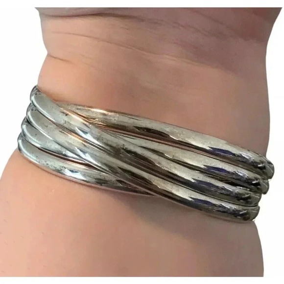 Set of 6 Interlocking Bangle Twisted Bracelet Stack Cuff Linked Silver Womens - Picture 3 of 4